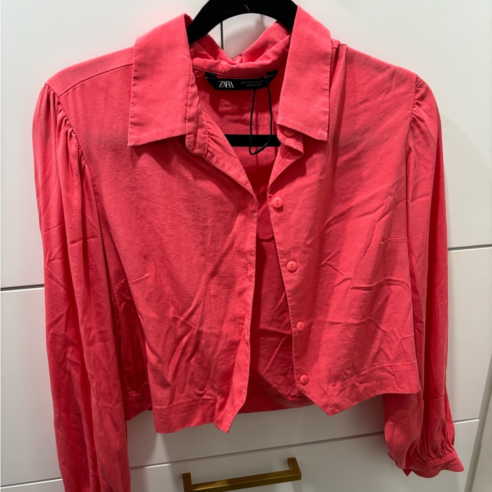 Zara Pink Long Sleeve Cropped Blouse